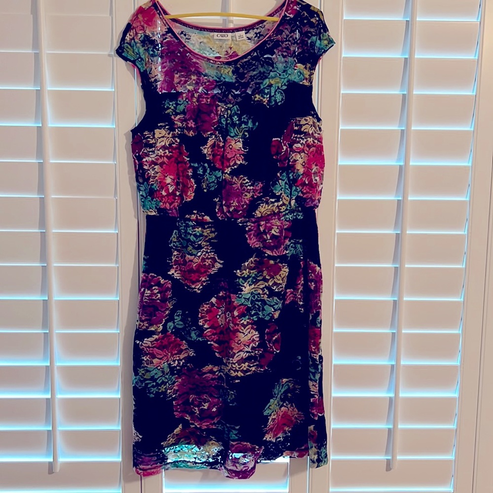 Black floral dress with lace inset neckline, elastic waist, lace overlay